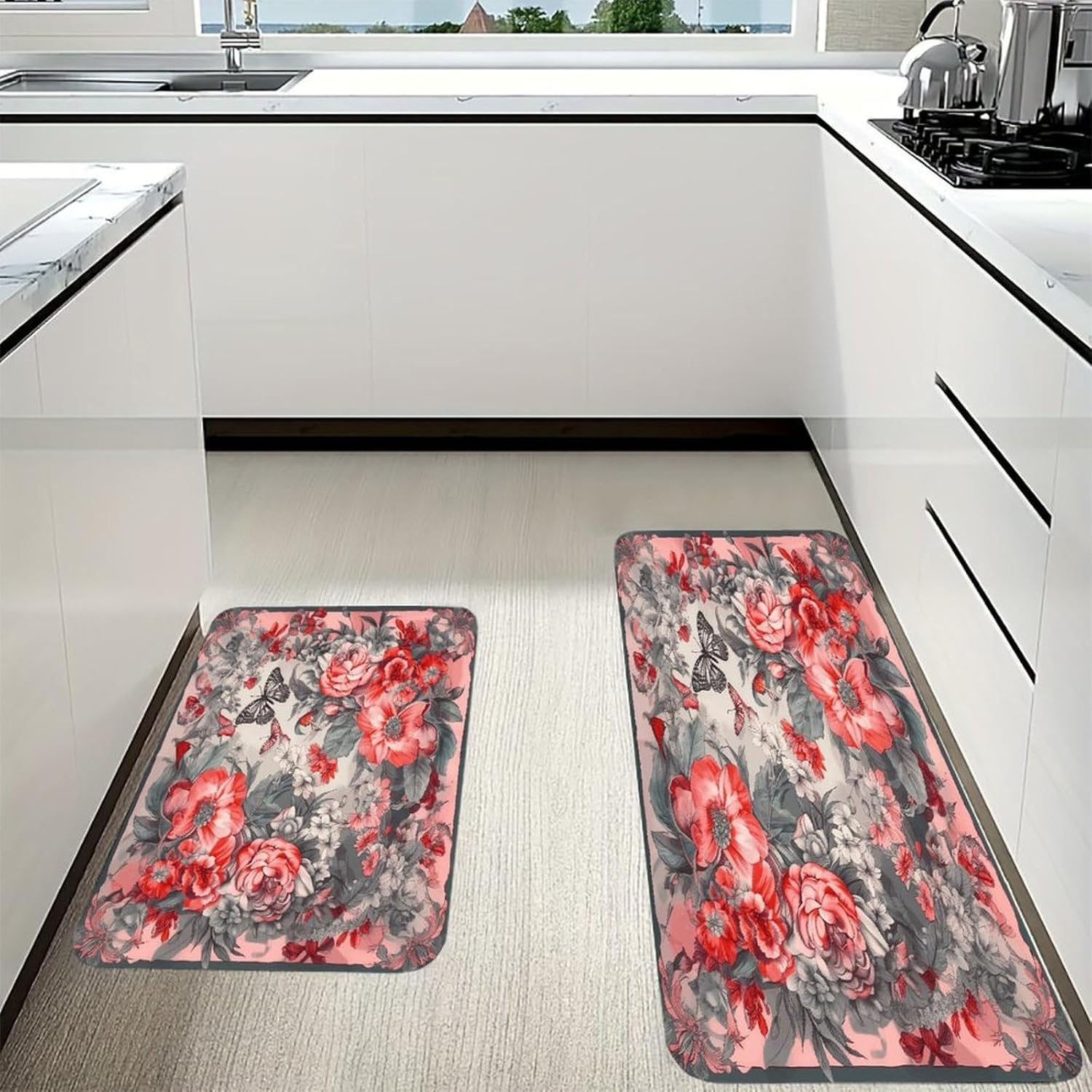 Gray Butterfly Pattern Kitchen Mats with 2PCS Non-Slip Washable,Kitchen Rug Heavy Duty Durable, Floor Mats for Kitchen,Office,Sink,Laundry