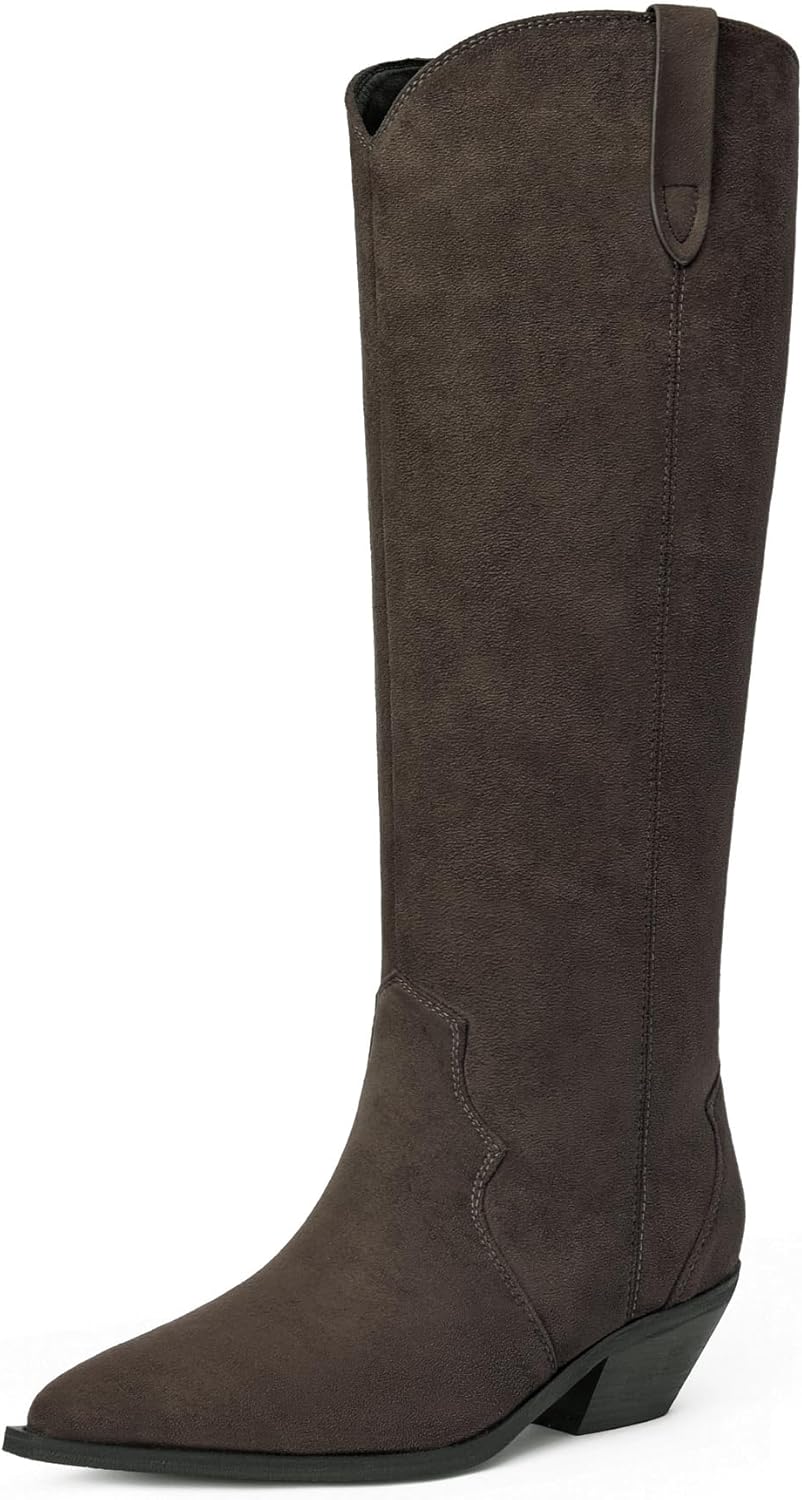 iiimmu Women's Knee High Cowboy Boots Faux Suede Western Cowgirl Boots with 2 IN Chunky Heel Pointed Toe Pull-On Style
