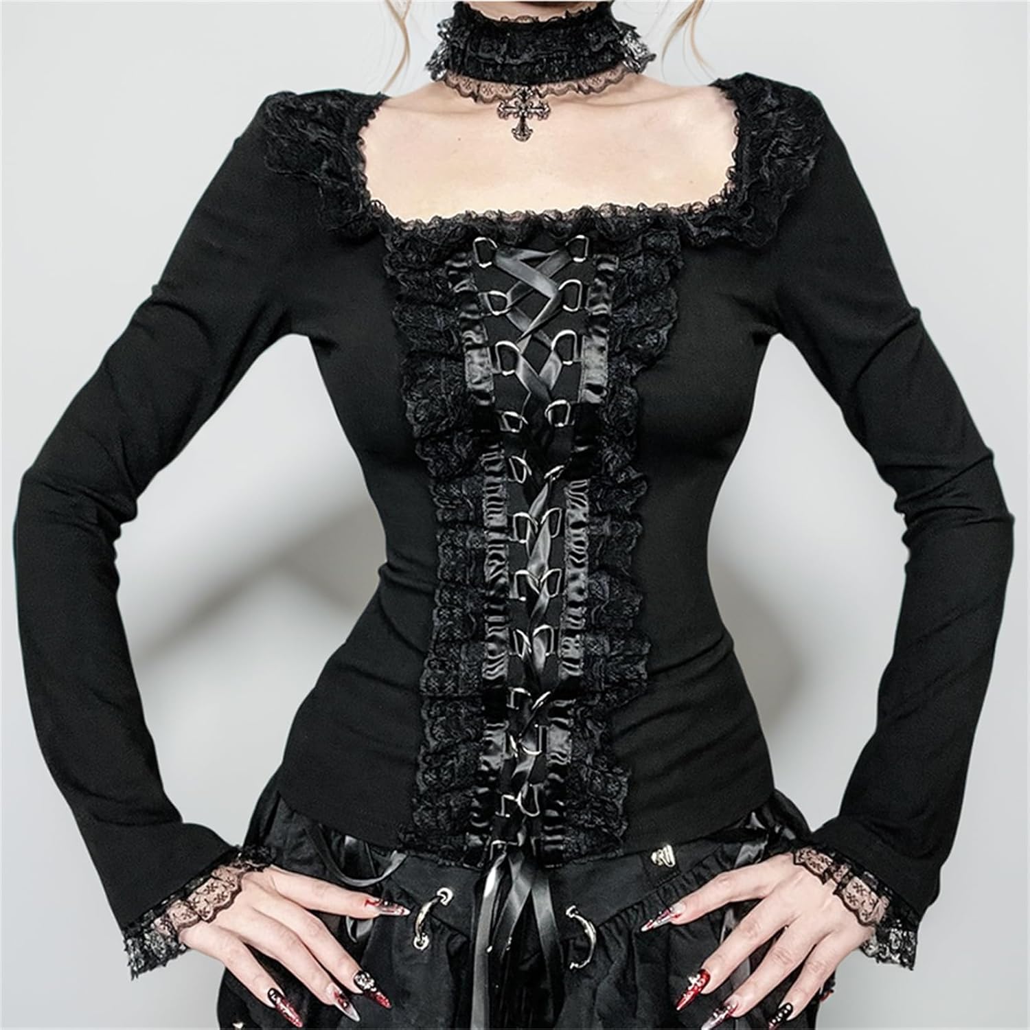 HeiBai Xiong Goth Top T Shirt for Women Punk Long Sleeve Square Neck Lace-Up Rave Steampunk Y2k Harajuku - Image 3