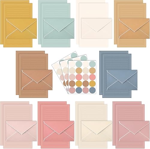 Miniatura 10 de TaoBary Juego de 160 papeles de papelería (50 papeles de escritura de doble cara, 50 sobres a juego), 60 calcomanías de puntos redondos, 10 diseños