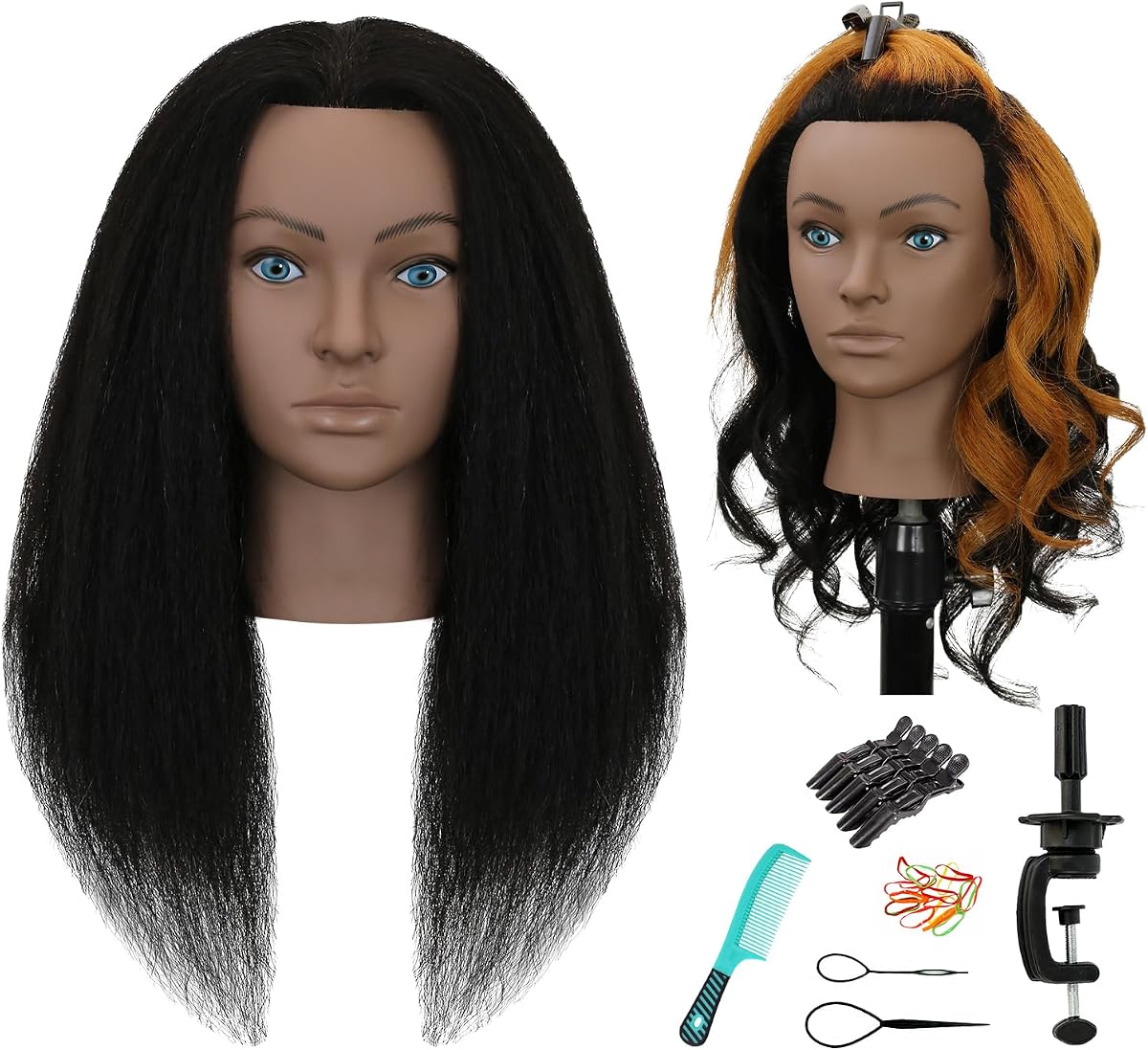 18" Mannequin Head Human Hair 100% Real Human Hair Mannequin Head Cosmetology Makeup Doll Training Head With Table Clamp Stand for Curling, Cutting Dyeing & Hairdresser School Training