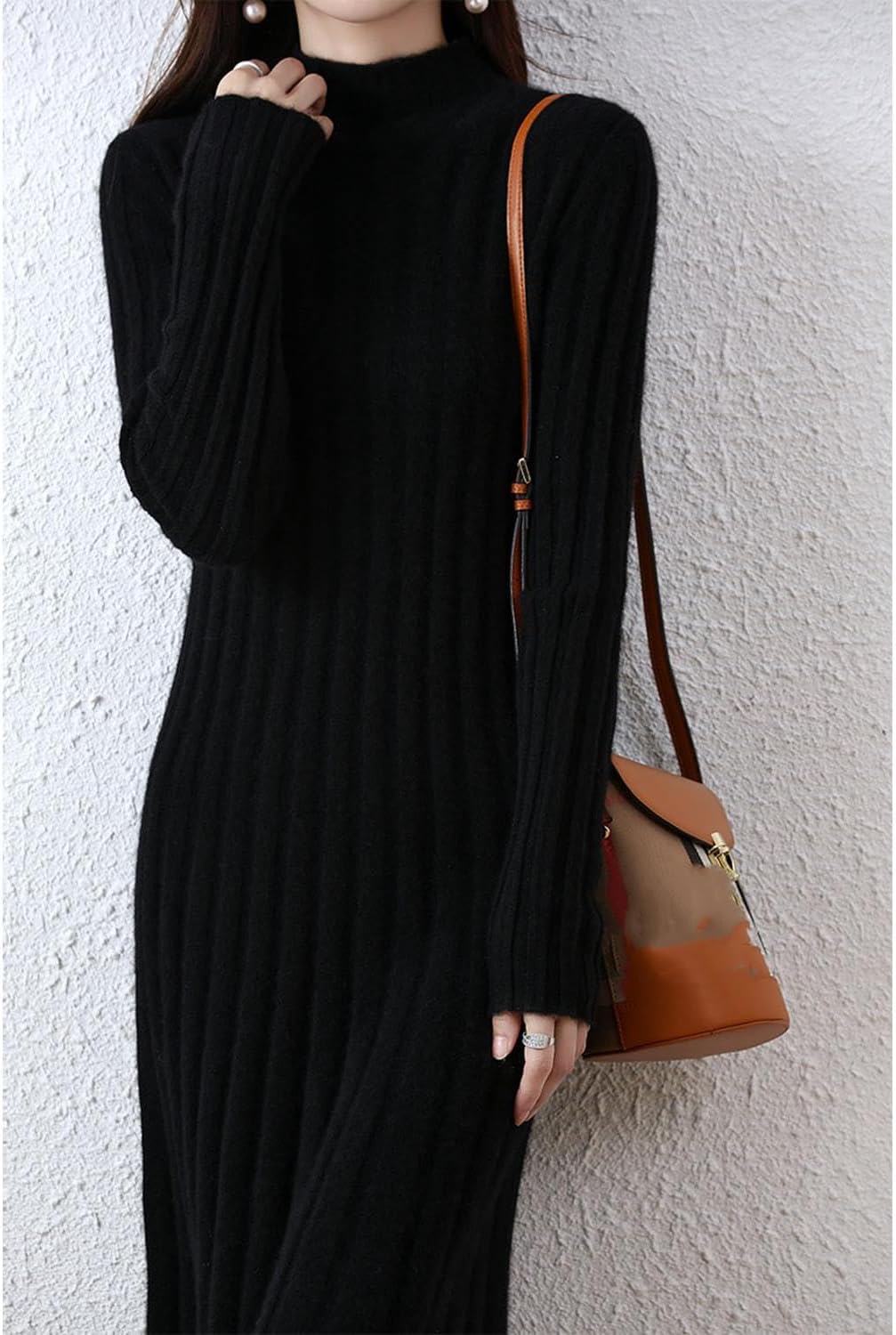 100% Wool Sweater Dress Women's Mock Neck Pit Strips Slim V-Neck Long Sleeve Pullover A-line Knitted Dress - Image 2