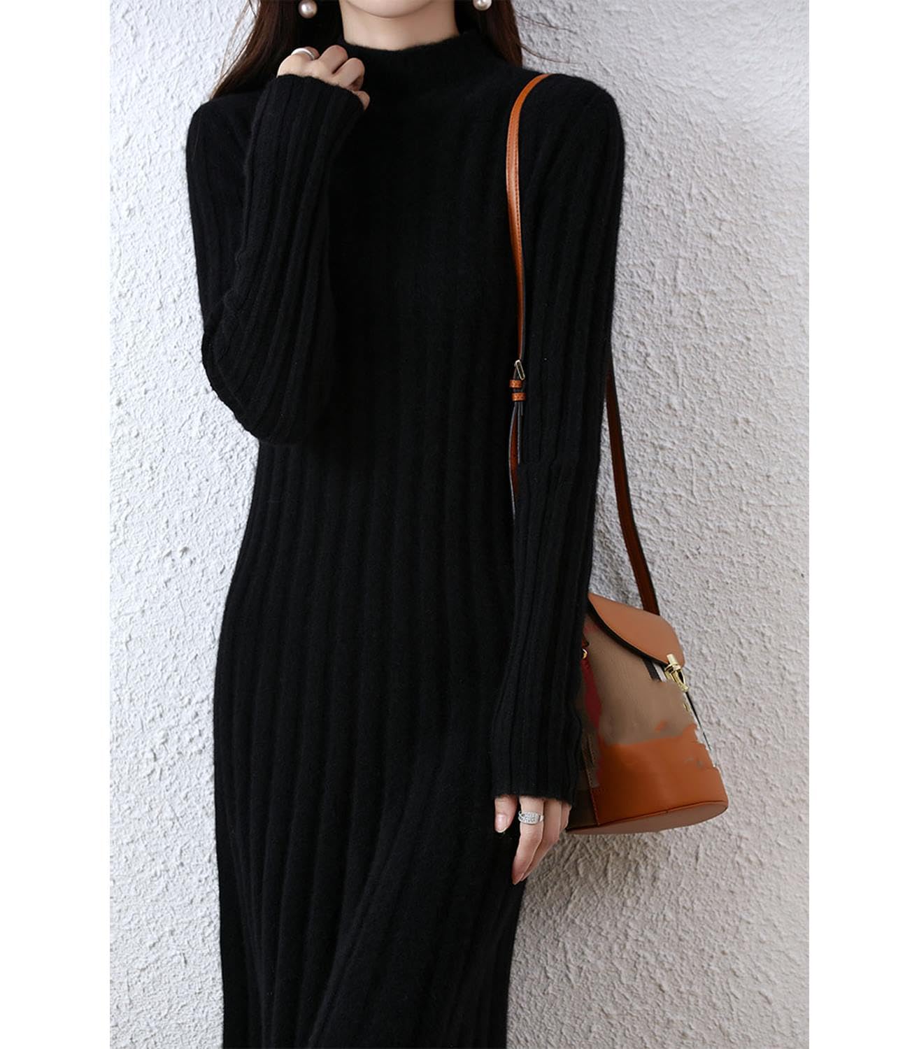 100% lana maglione vestito donna collo alto Pit strisce slim scollo a V manica lunga Pullover A-line abito lavorato a maglia