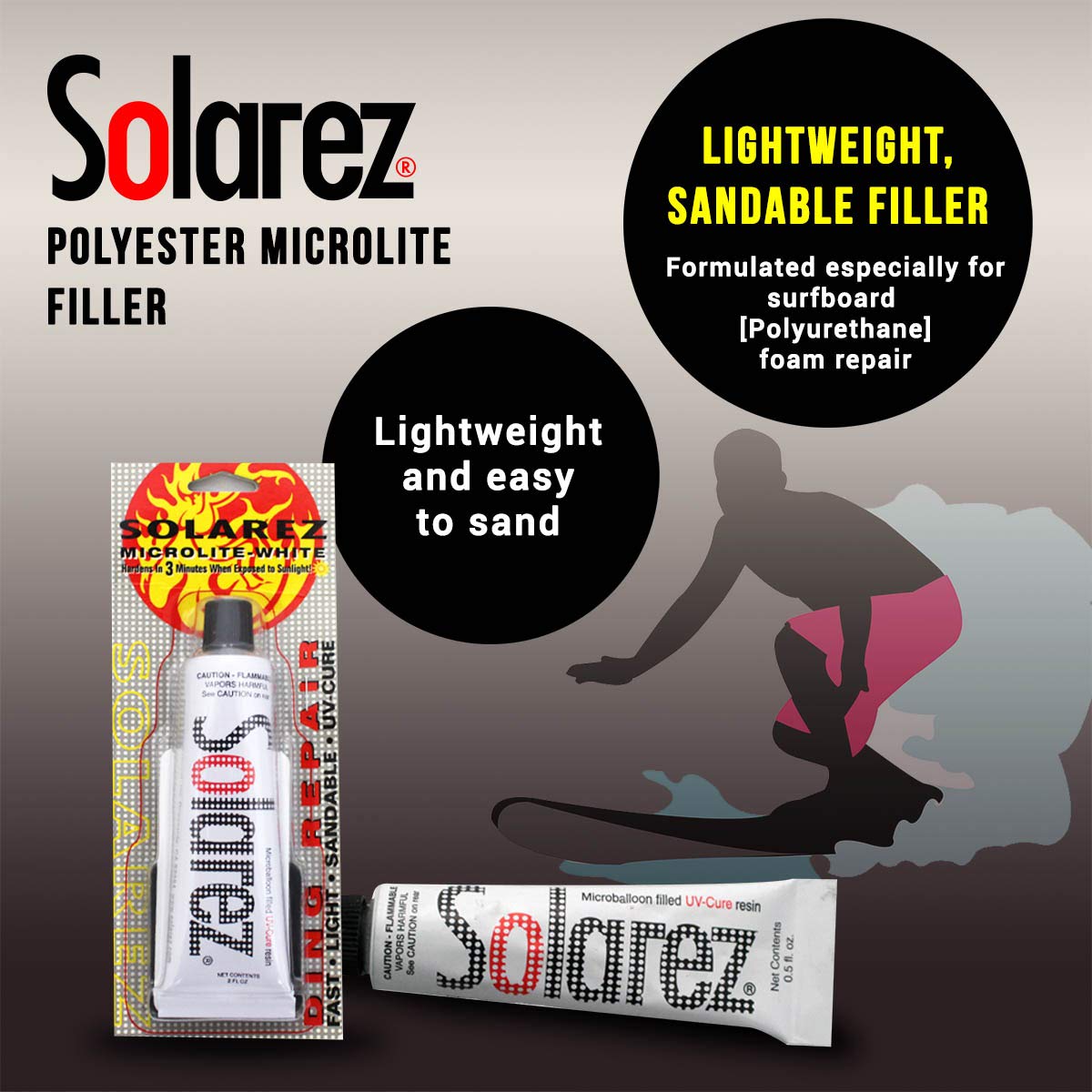 Solarez UV Cure Microlite White Polyester Ding Repair (0,5 oz) – Surfbrett-Reparatur mit 60/240 Körnung Sandpad & Spreader ~ Schnellste Fixierung für Tiefe Dings auf [Polyurethan] Surfboard-Schaum