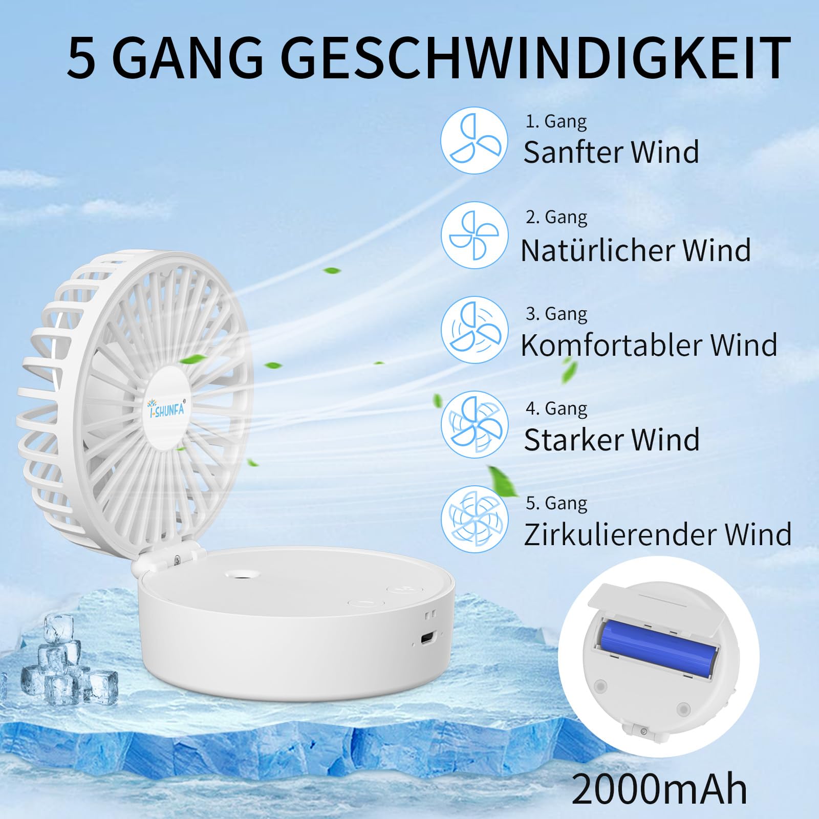 Mini Ventilateur USB Avec Brumisateur - Rechargeable 2000mAh, 5 Vitesses, Pliable, Idéal Pour Bureau, Voyages Et Extérieur - 4
