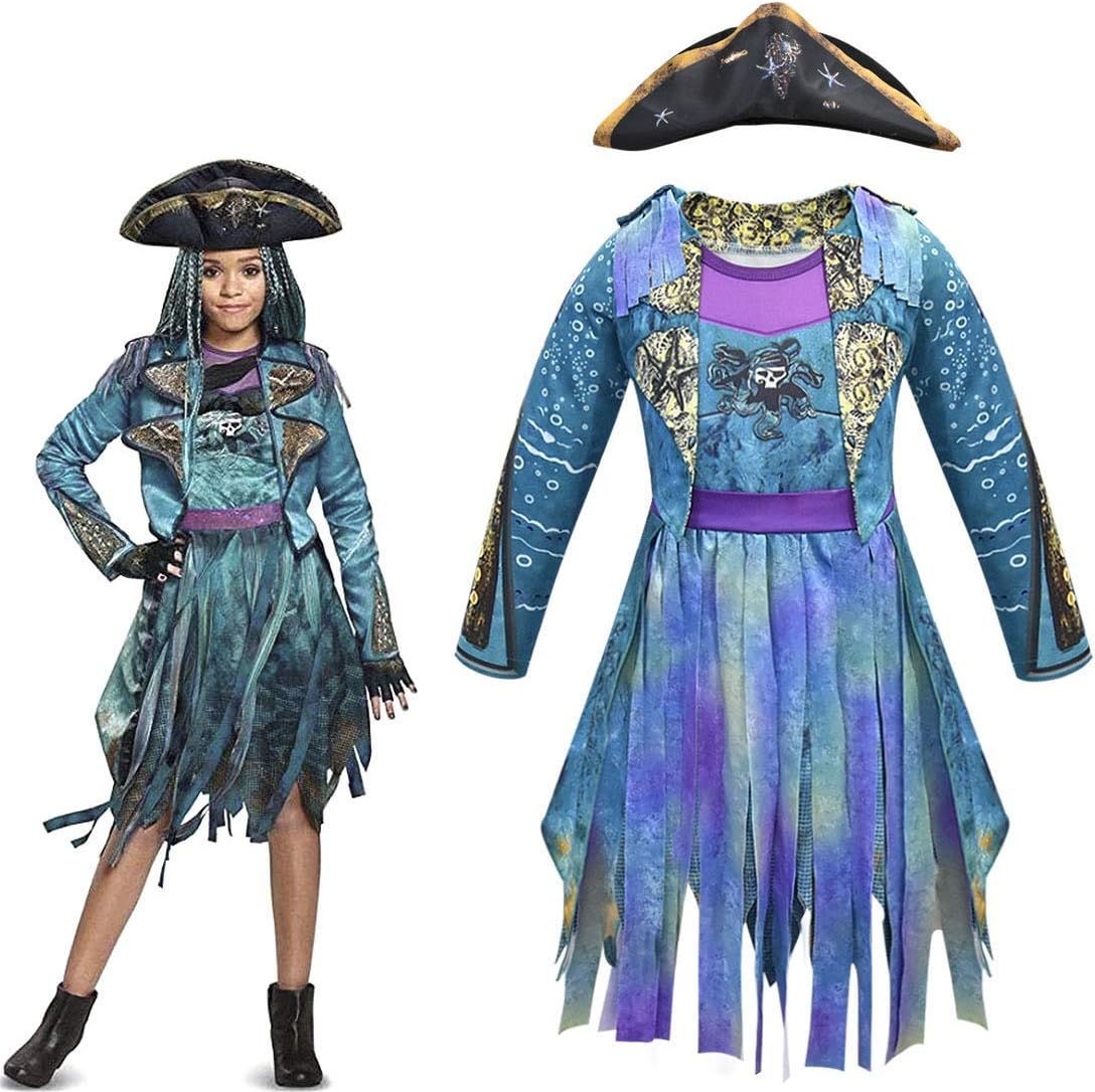 VARWANEO Halloween Descendants Girls Uma Cosplay Costume Dress, Princess Birthday Party Dress Up Clothes Outfits with Hat (color-1, 7-8 Years)