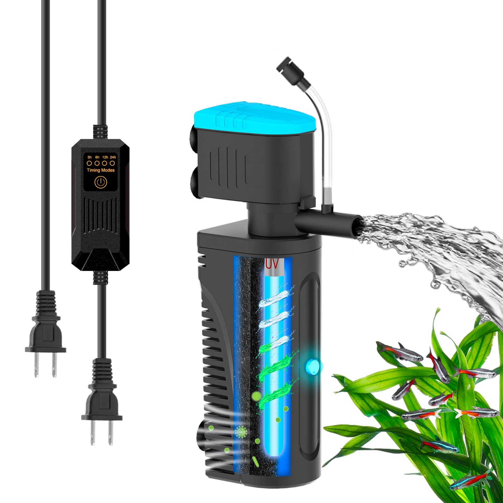 Filtro per acquario con chiarificatore U - V per la pulizia dell'acqua verde, filtro per rimuovere le alghe | Macchina verde per uccidere | Modalità aria/pioggia | con timer | Filtro per acquari