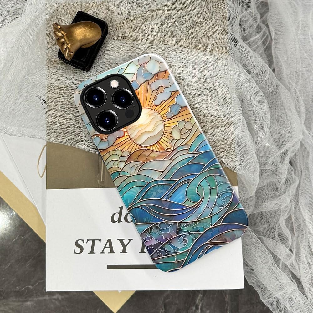 Case Compatible with iPhone 15 Pro Max,Fall Prevention Glossy Hybrid 2-Layer Hard Shell Cases for Girls Boys,Stained Glass Print Sun - Image 6