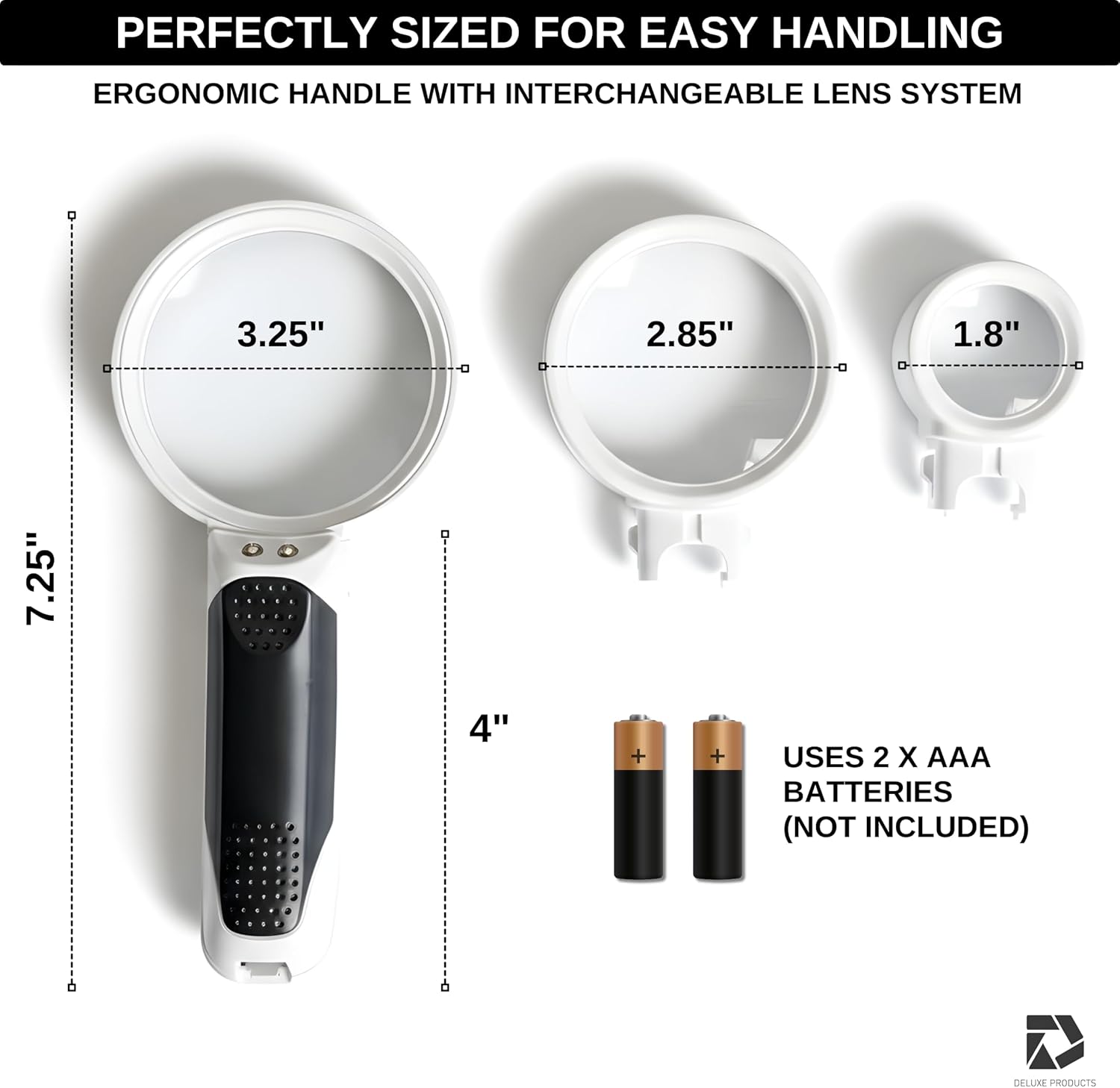 Lighted Magnifying Glass with 3 Interchangeable Lenses (2.5X, 6X, 16X) – Dual LED Handheld Magnifier for Reading Small Print, Books, Coins & Inspection – Ideal for Seniors & Low Vision