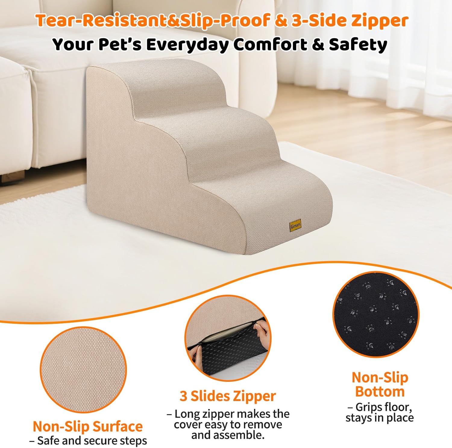 Gimars 30D High-Density Foam & Extra-Wide, Stable 3-Step Dog Stairs, 40cm High Pet Stairs with Washable Cover & Non-Slip Base, Portable Ramp for Small Dogs to Sofa, Bed, Couch, Car