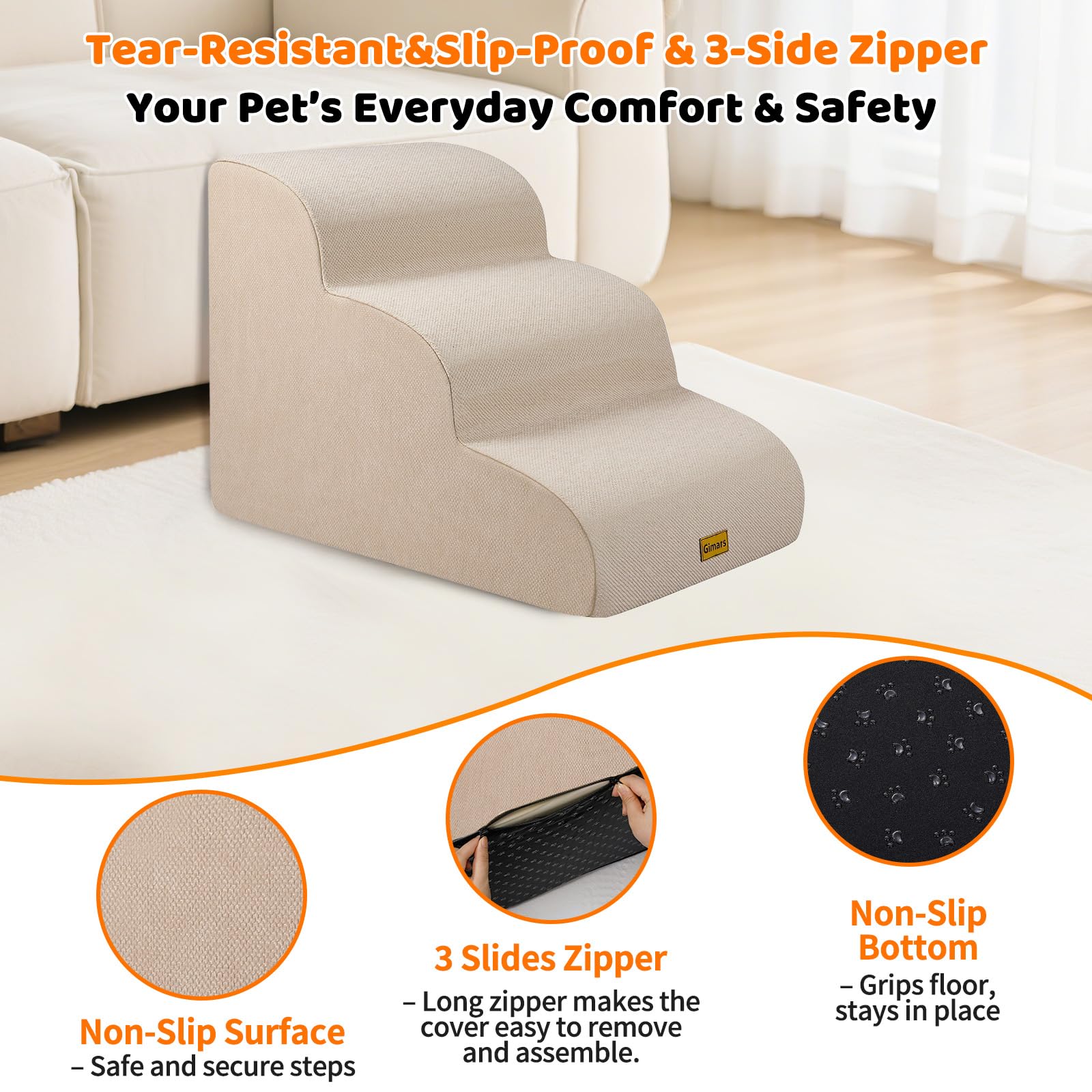 Gimars Escaleras de Espuma 30D de Alta Densidad y Extra Anchas, estables de 3 peldaños para Perros, escaleras para Mascotas de 40 cm de Alto con Cubierta Lavable y Base Antideslizante, rampa portátil