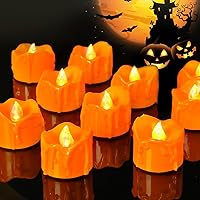 Vista 9 de Homemory Paquete de 12 velas de té naranja de Halloween, velas LED que funcionan con pilas, luces de calabazas pequeñas, sin llama, velas de té