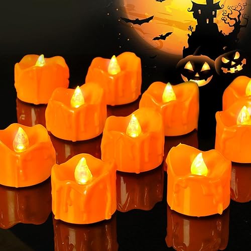 Miniatura 9 de Homemory Paquete de 12 velas de té naranja de Halloween, velas LED que funcionan con pilas, luces de calabazas pequeñas, sin llama, velas de té