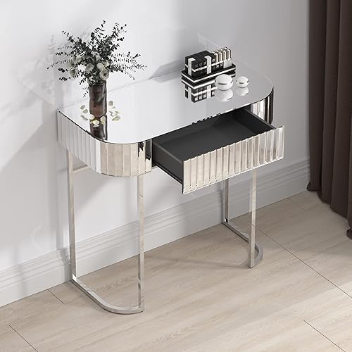 Miniatura 2 de Mesa de tocador con espejo a rayas grises de acero inoxidable con marco brillante para dormitorio estudio oficina