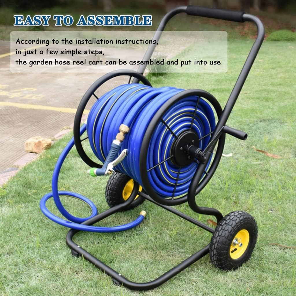 Hose Reel Cart Water Hose Cart with Wheels Heavy Duty Outdoor Hose Cart, Garden Hose Reel with Rollers, Hand-Push Water Pipe Storage Holder, Lawn Tools (Color : Black-DN15, Size : Hose Cart+50m Pipe