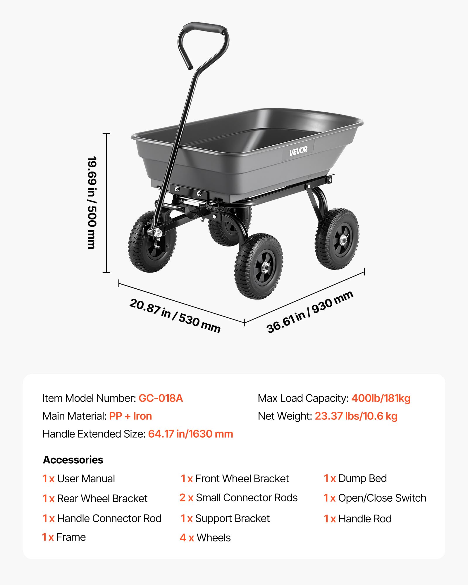 VEVOR Chariot de Jardin Basculant Max. 181 kg Chariot à Benne Basculante en PP pour Transport de Bois Plantes Terre, Basculement à 90°, 4 Roues Increvables Pivotantes à 180°, Roulement Rotatif à 270°