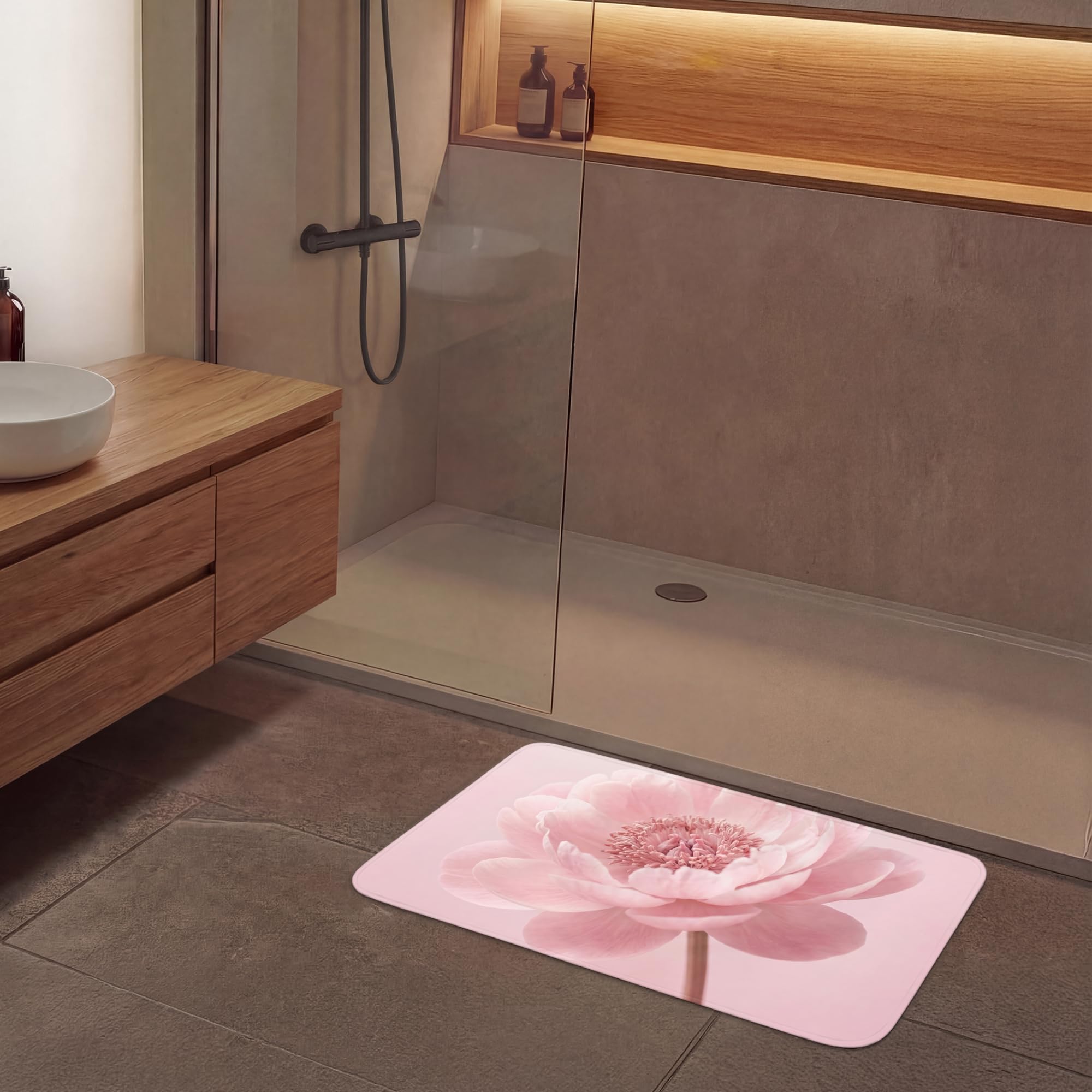 Alfombra Baño Rectangular 90x60 cm Decoracion Bathroom Mat Non Slip Shower Lavable Antideslizante Alfombrilla Tapete Banheiro Flor - Peonía - Rosa