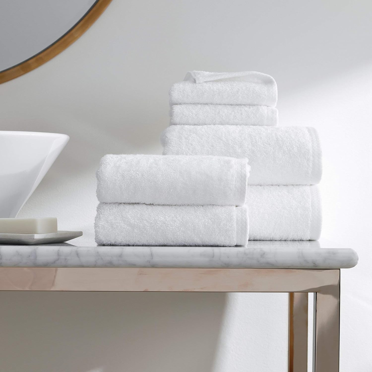 H by Frette Simple Border Junior Suite Bath Bundle - Luxury All-White Bath Linens Bundle/Includes 2 Wash Cloths, 2 Hand Towels, and 2 Bath Towels / 100% Cotton