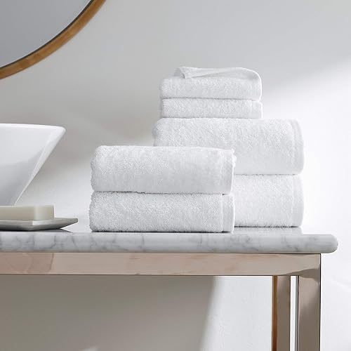 H by Frette Simple Border Junior Suite - Paquete de ropa de baño de lujo totalmente blanca/incluye 2 paños de lavado, 2 toallas de mano y 2 toallas