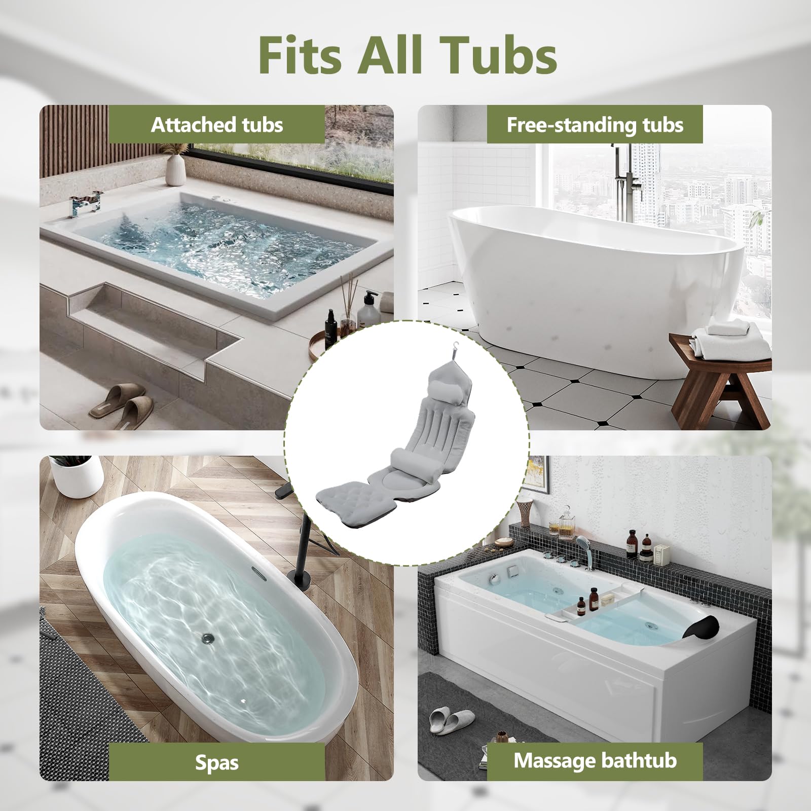 Almohada de baño de cuerpo completo con reposacabezas, soporte lumbar extraíble y 192 ventosas, inserto antideslizante para bañera, cojín de malla de secado rápido, respetuoso con la piel, lavable a