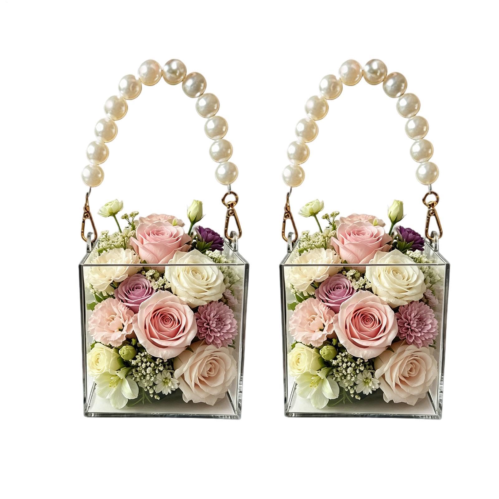 Blumenkorb für Hochzeit Transparente leere Acryl-Bouquet-Box | Hochzeitskorb Mit Perlenhenkel Geeignet für Geburtstagsfeiern, Abschlussfeiern, Partys, Picknicks, Brautduschen, Hochzeiten