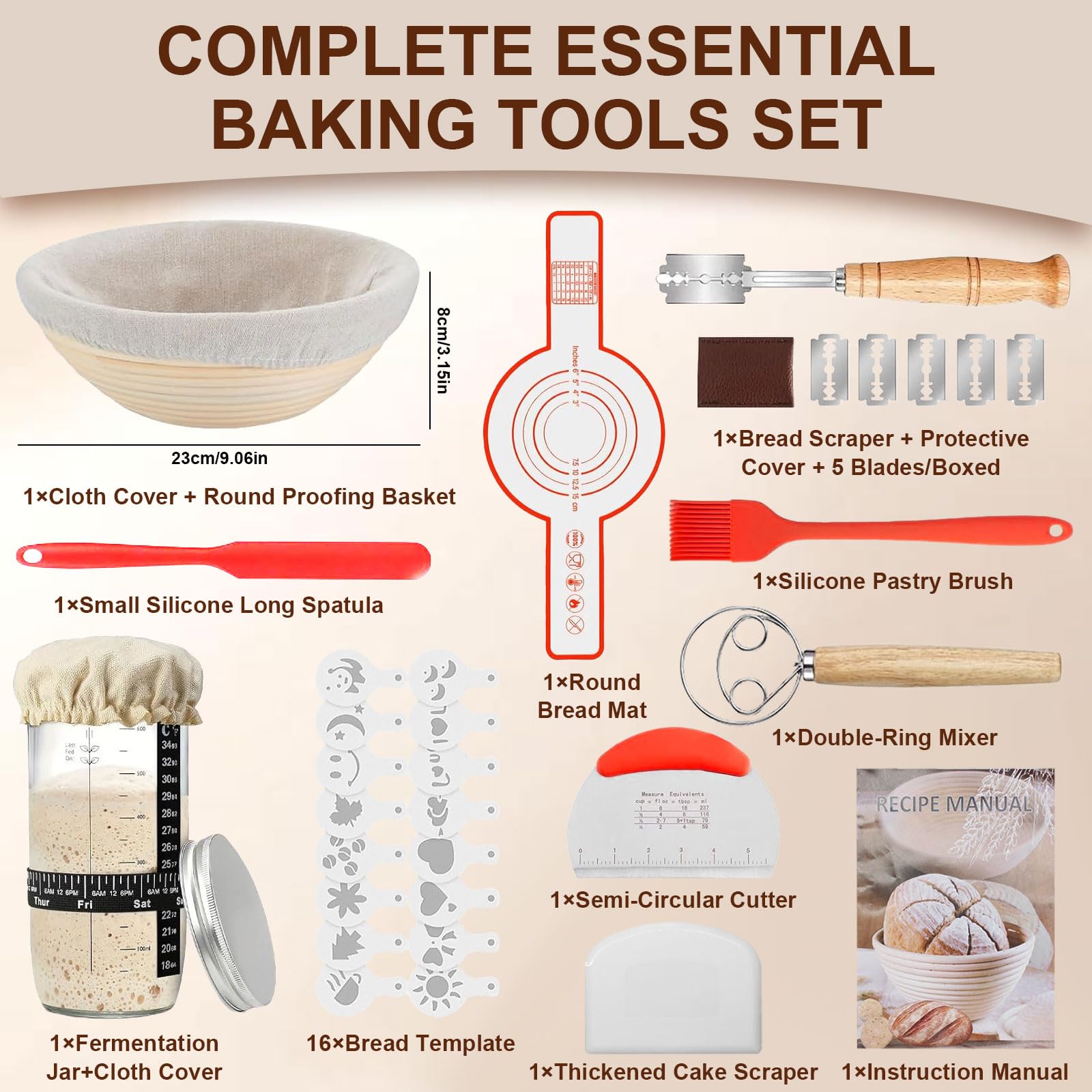 Cesta de Fermentación Pan 23cm Ovalado 25 Piezas Kit Completo Banetones de Caña Natural para Masa Madre