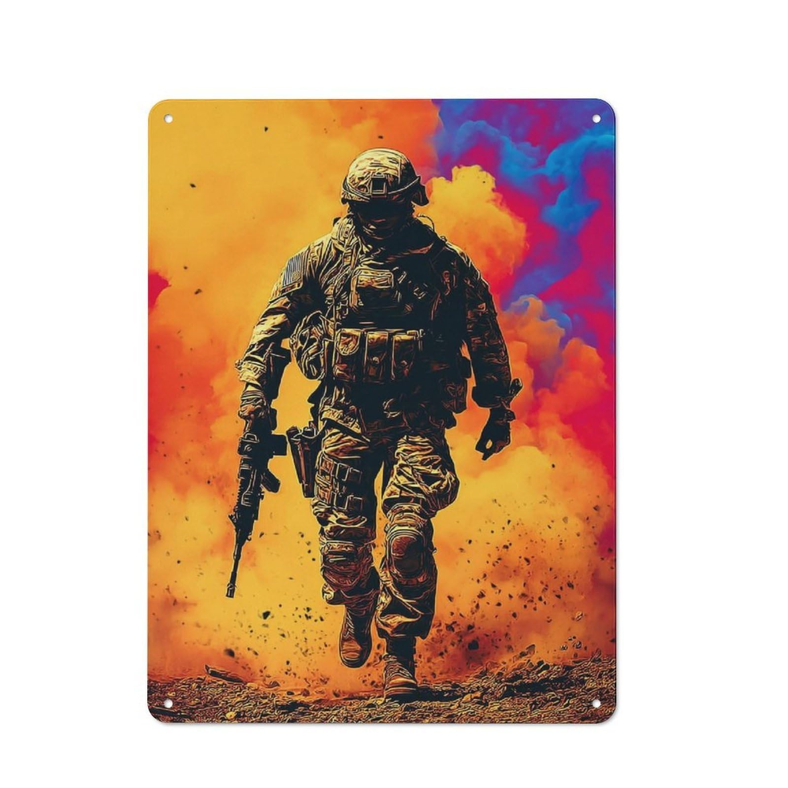 Junmoney Soldier In Action Amidst Explosions Retro-Style Metal Sign 40X30cm For Garage Or Workshop, A Moving-Home Gift For Collectors Of Tin Signs