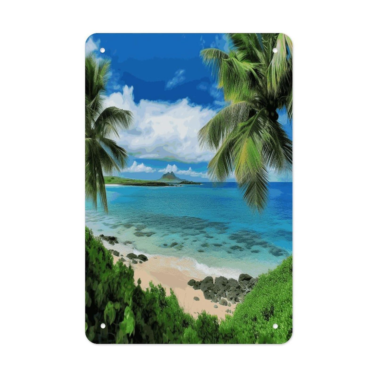 LDGSUPH Tropical Palm Tree Hawaii Beach Wall Art Prints Folded Edge Iron Sheet Painting with Holes for Wall Prints Decorative Picture Metal Signboard Decor Painting for Outdoor Indoor Wall Decor