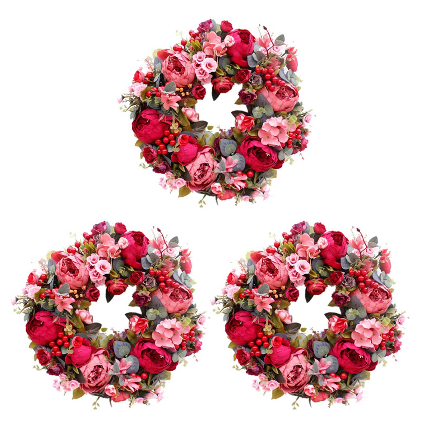 Hndhbfgrt 3X Decorative Door Wreath,Silk Flower Peony Head Flower Wreath 40cm Handmade Garland for Autumn Winter Display Red