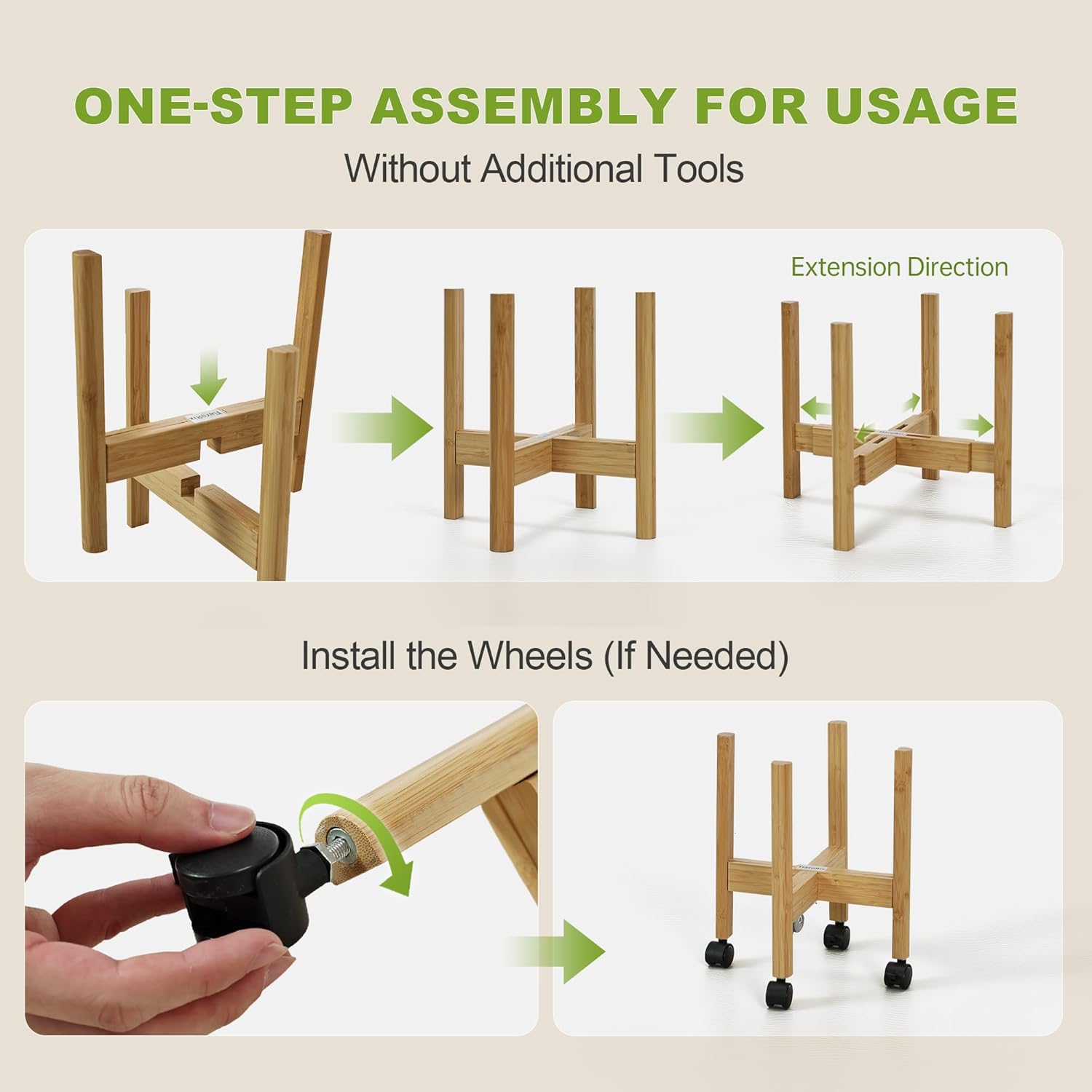 Adjustable Plant Stand Indoor with Detachable Wheels Bamboo Mid Century Plants Stand Expandable Plug in Assemble Flower Pot Stand,Fit 8 9 10 11 inches Pot（Not Included, Natural