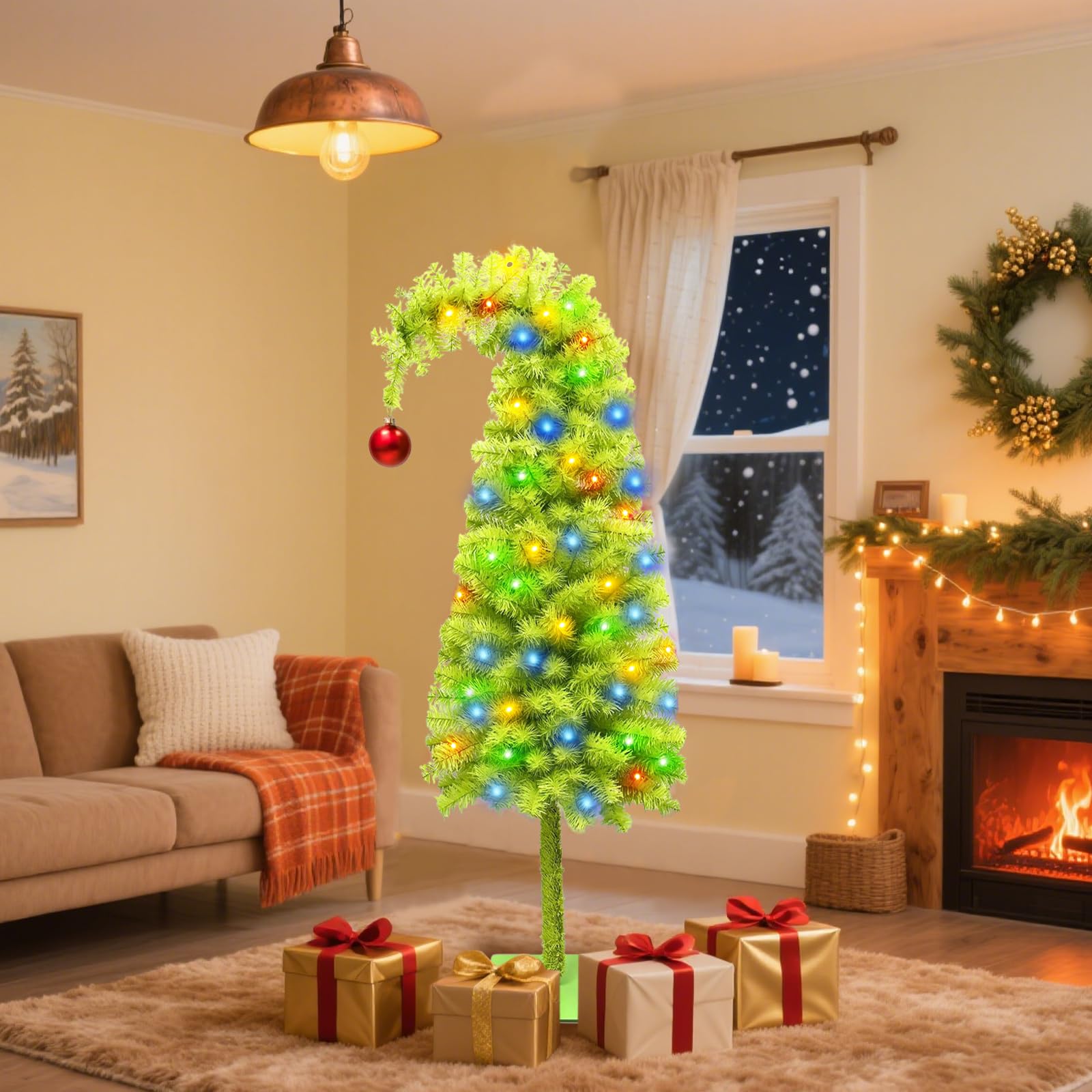 150cm Künstlicher Weihnachtsbaum mit Roter Kugelspitze Lichterkette, pop up decorated weihnachtsbaum mit beleuchtung, grinch Grüner weihnachtsbaum Christmas Tree, für Innen Außen Weihnachtsdeko (Grun)
