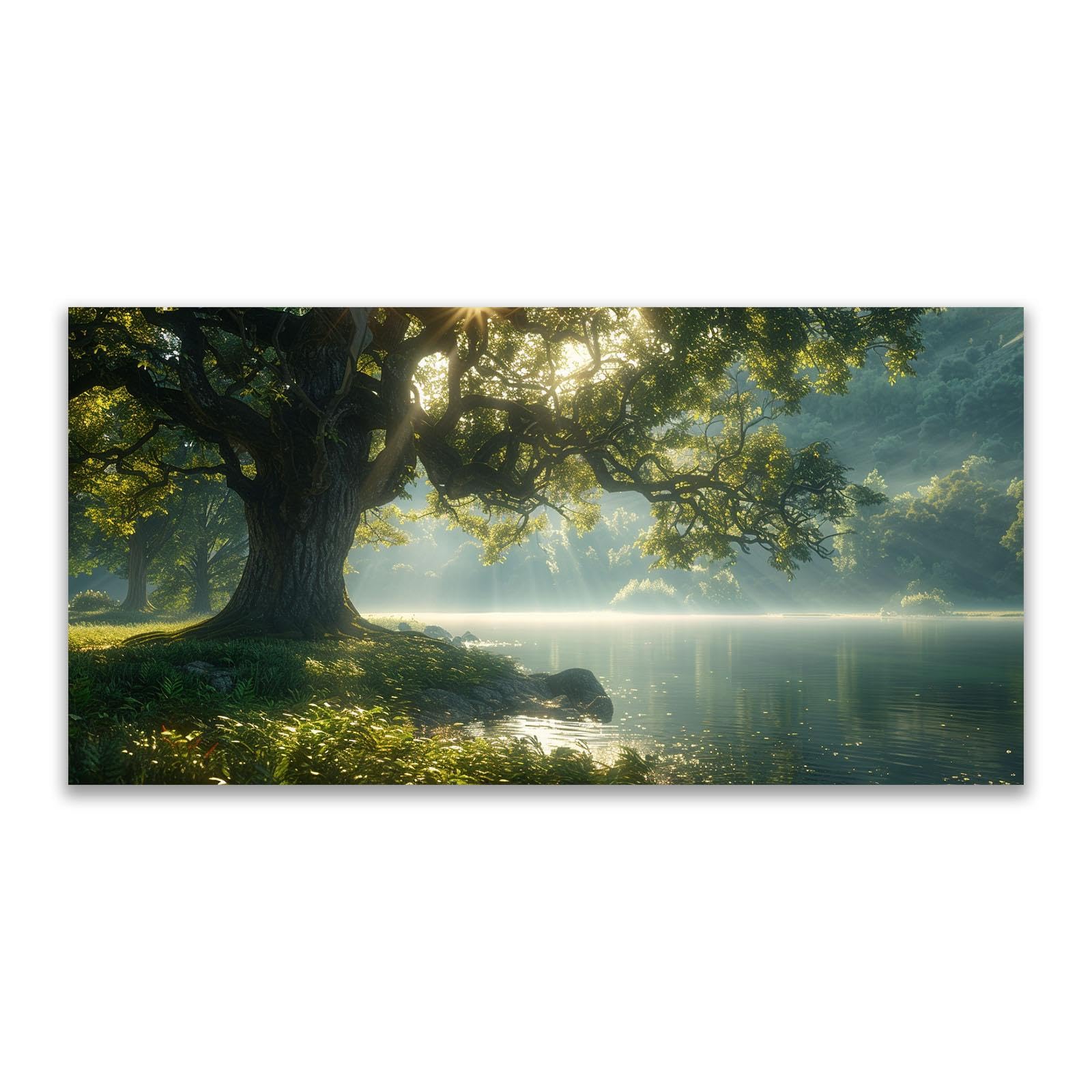 JOSUE Forest Canvas Wall Art Natural Tree Lake Canvas Wall Art For Living Room,Green,grey Art Print Modern Home Wall Decor for Living Room Bedroom-80x160cm Unframed