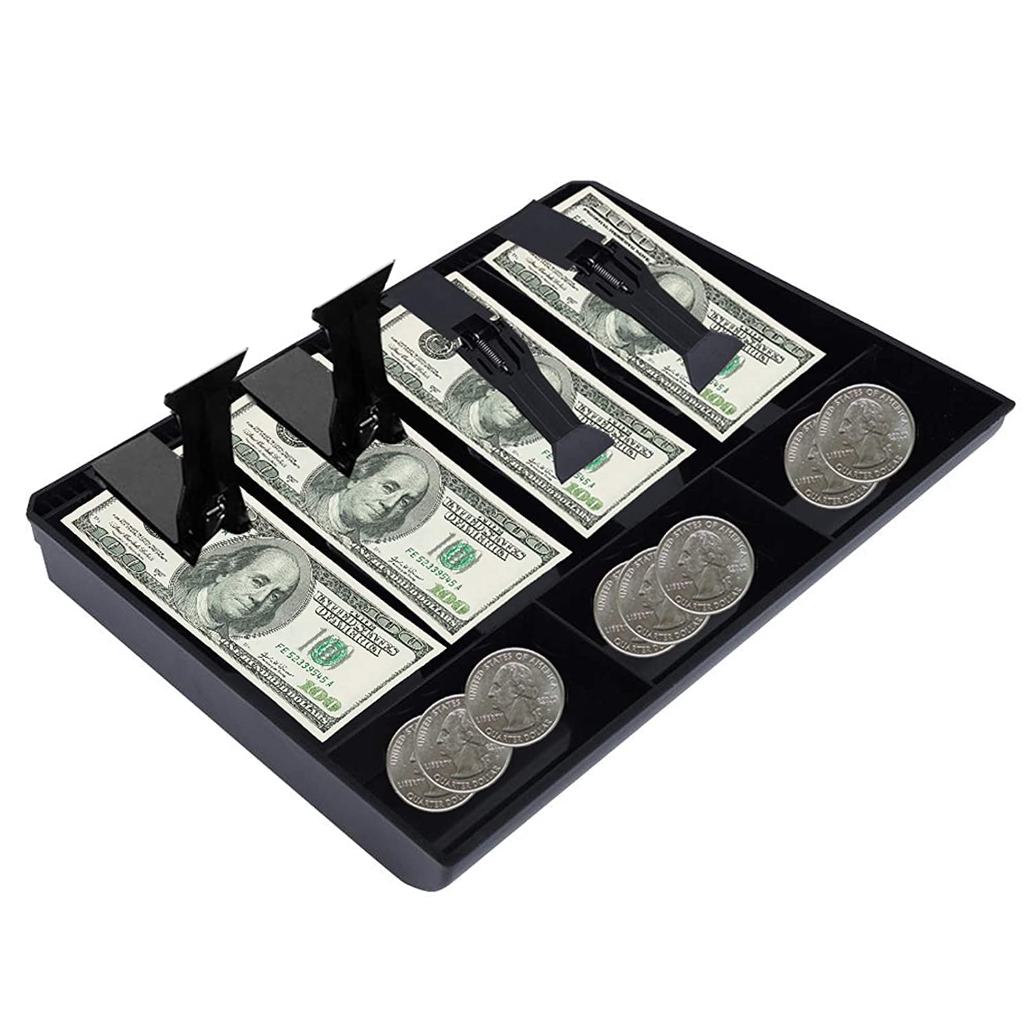 ABS Plastic Cash Drawer Organizer Tray, Cashier Drawer Box with Coin Slot, Bill Counter Cash Box with 4 Bills 3 Coins for Petty Cash Money Storage Box (4 Slot)-image-29