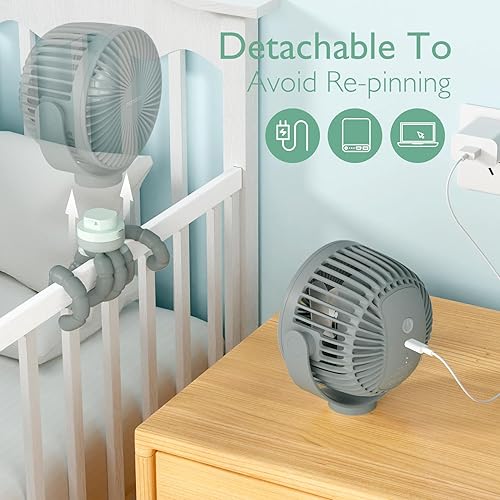 Miniatura 6 de Momcozy Ventilador portátil para cochecito de 8000 mAh, 27 horas de vida ultra larga, desmontable, 4 velocidades, rotación de 360, luz nocturna LED