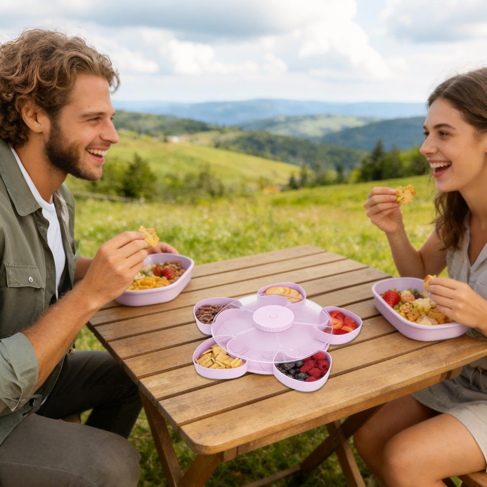 Contenedor De Aperitivos Giratorio Con Tapa Para Servir Ensalada De | Organizador De Snacks Con Compartimentos para Hogar Apartamento Comedor Salón Picnic Jardín Barbacoa Camping
