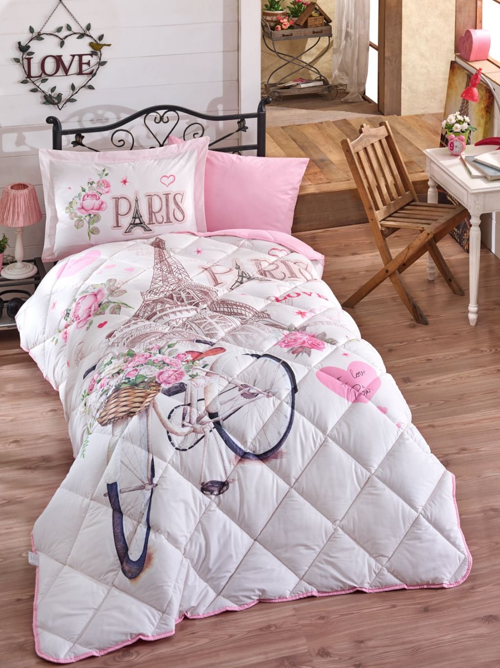 100% Cotton Paris Bedding, Eiffel Tower Themed Comforter Set with Flat Sheet, Girls Bedroom Set, Twin XL/Twin Size