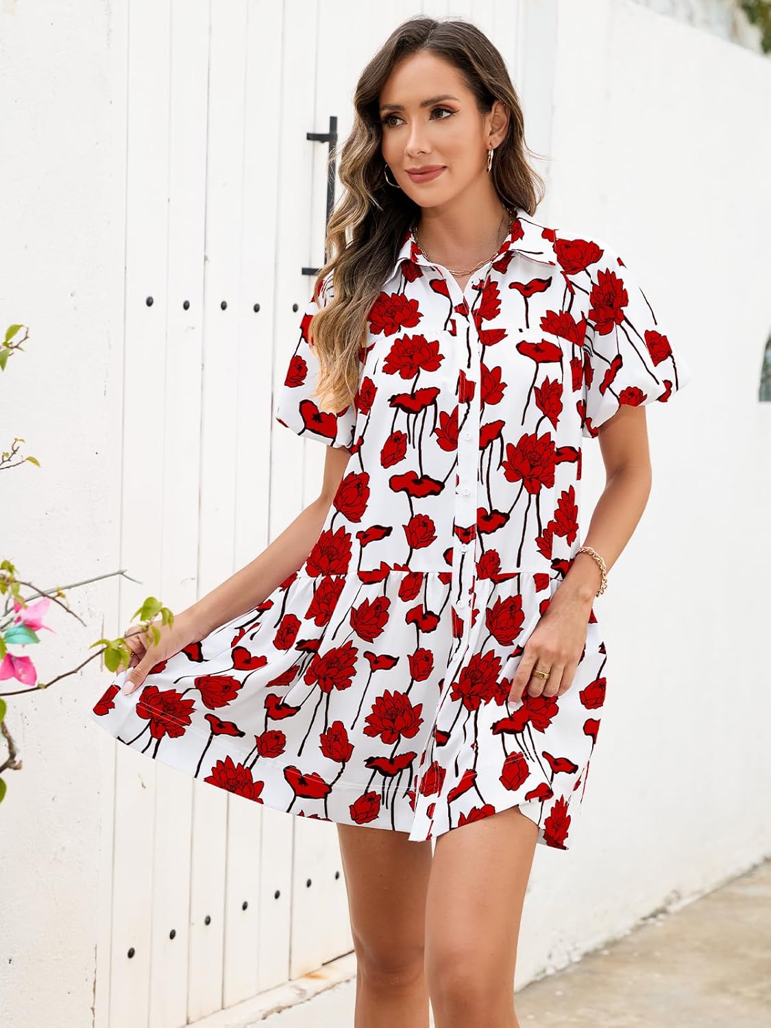 Women's Summer Short Puff Sleeve Floral Dress Button Down Loose Fit Casual Shirt Dresses - Image 3