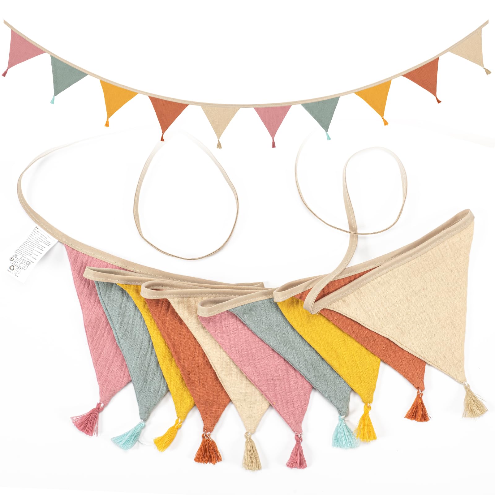 Wimpelkette Kinderzimmer,Musselin Baumwolle Stoff Wimpelkette,Girlande Kinderzimmer Deko zum Aufhängen, Hausbett Deko Mädchen & Jungen,Wanddeko Geschenk,Babyzimmer Dekoration (Fringe Pink)