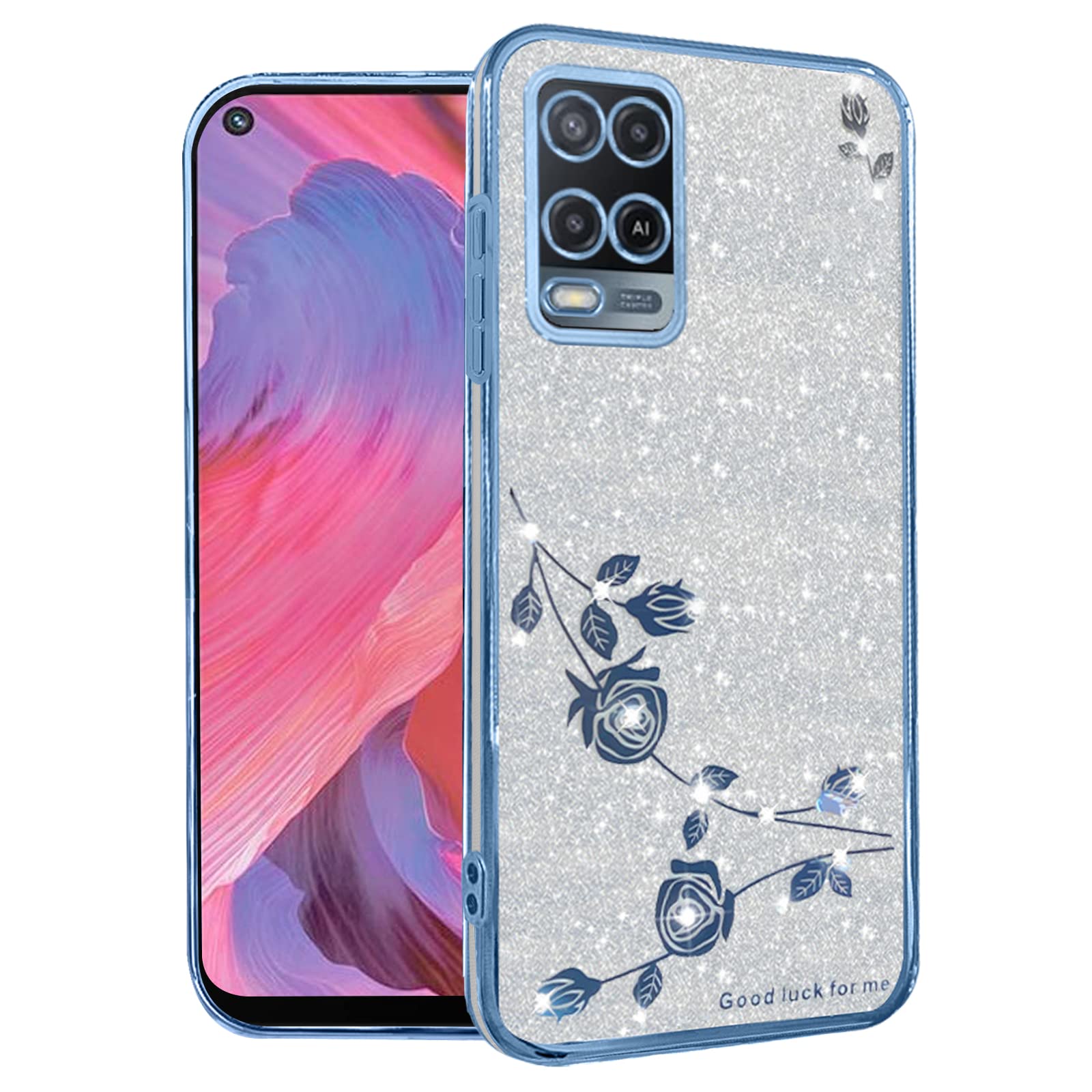 Phone Case for Oppo A54 4G Clear Glitter Floral, Cute Slim for Oppo A54 4G Case Silicone Shockproof Protective Women Girls Cover Sparkle Aesthetic (Blue-Silver)