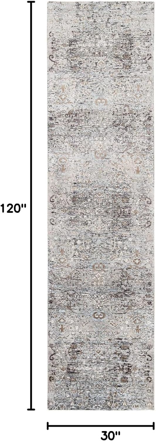 Gray Hand Knotted Transitional Farsian Influence Erased Medallion Design Silk with Textured Wool Oriental Runner Rug (2'6"x10')