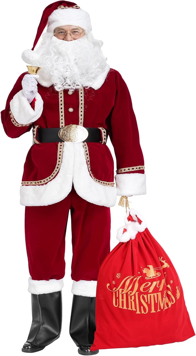 WeGuard Santa Claus Costume for Men Adult Santa Suit 11pcs Deluxe Professional Christmas Claus Suits Xmas Cosplay Outfit Set