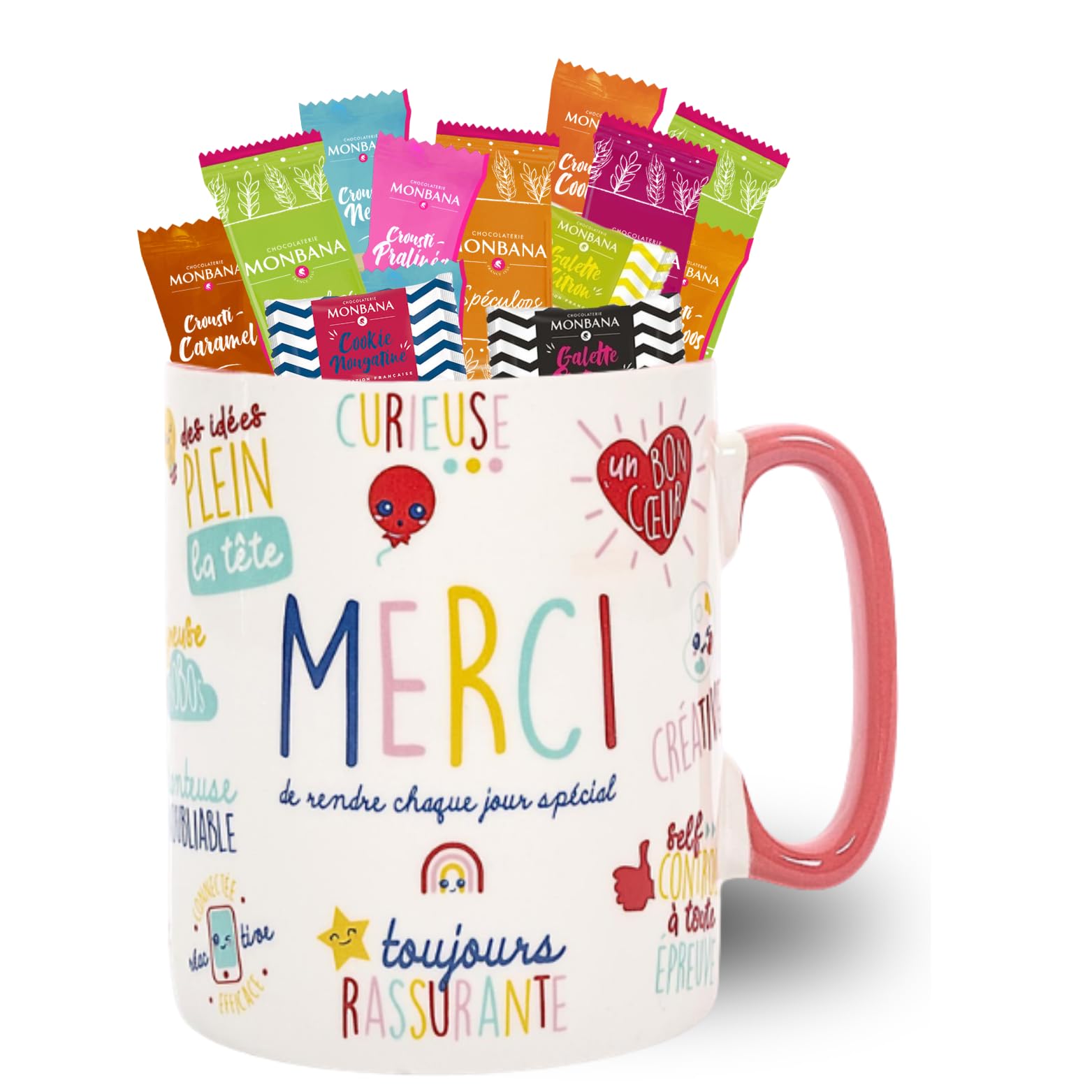 Coffret Cadeau Gourmand | Mug XXL garni de 60 Croustilles & Biscuits MONBANA | Tasse Prête à Offrir pour remercier Maîtresse, Maman, Nounou, Soignant