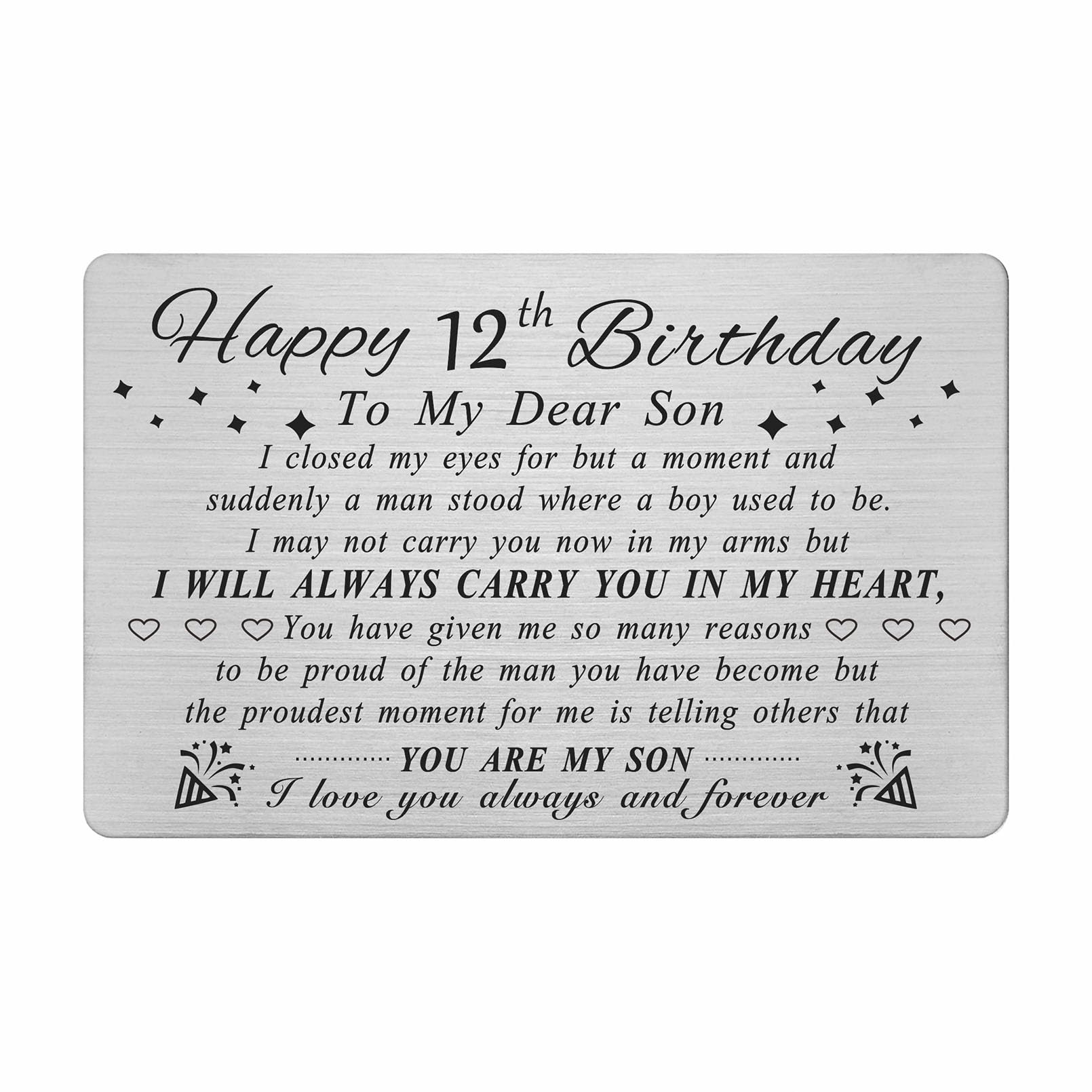 DEGASKEN 12th Birthday Decorations for Boys, Son 12th Birthday Card for Boys from Mom, Happy 12 Year Old Bday Gifts for Son, Metal Engraved Wallet Card — image 1