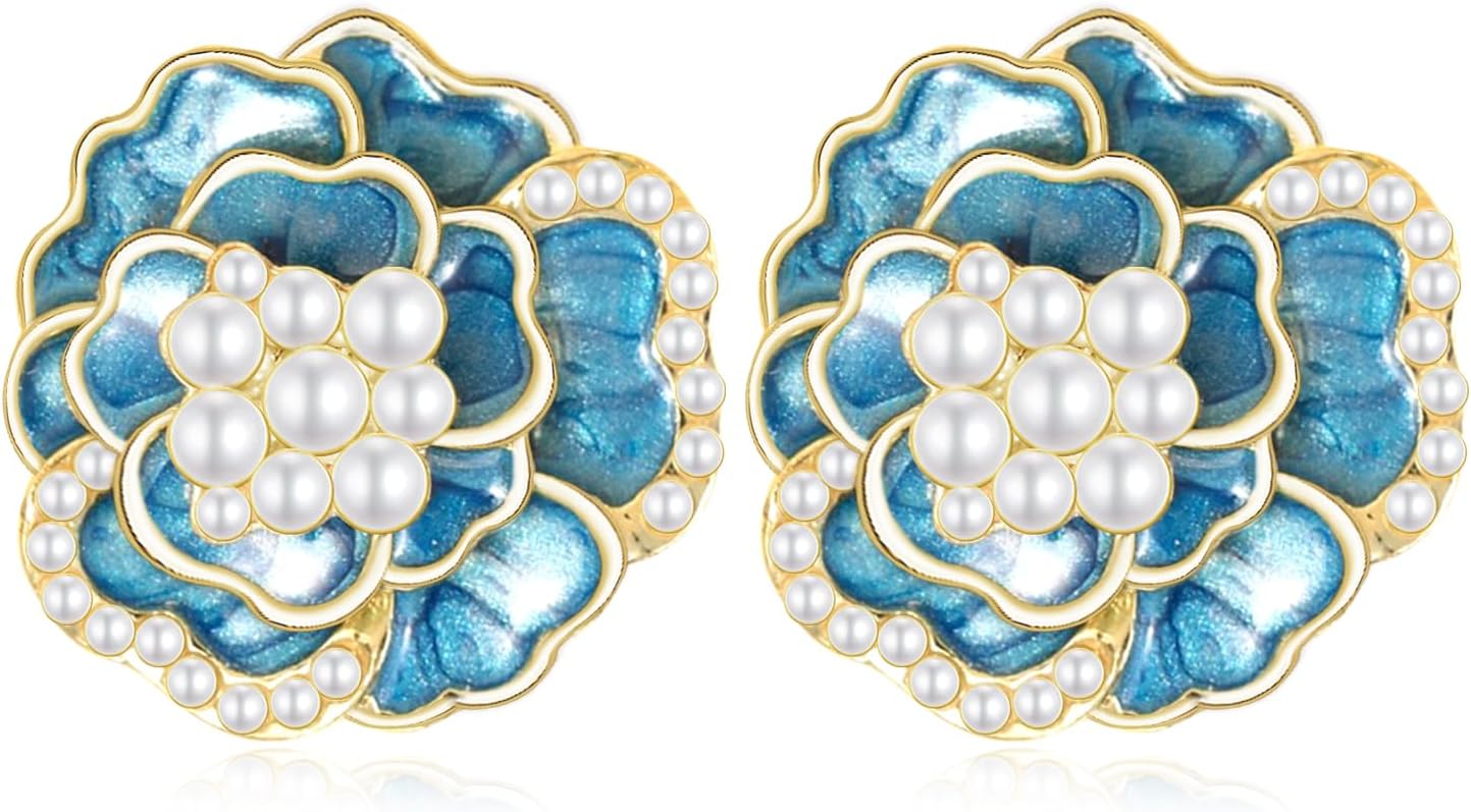 Bohemian Dainty Enamel Pearl 3D Rose Flower Lightweight Stud Earrings Aesthetic Floral Love Sparkly Sequin Earrings For Women Jewelry Gifts