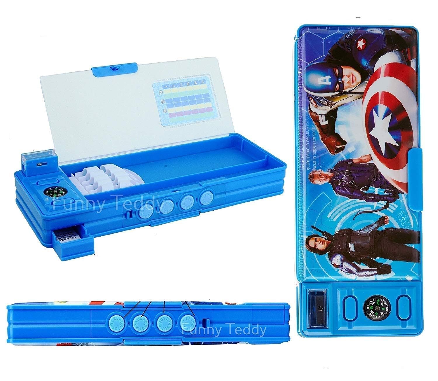 4AJ BAZAAR Teddy Password Protect Pencil Box & Sharpener - Dual Side - Multi Purpose - (Super Heroes)