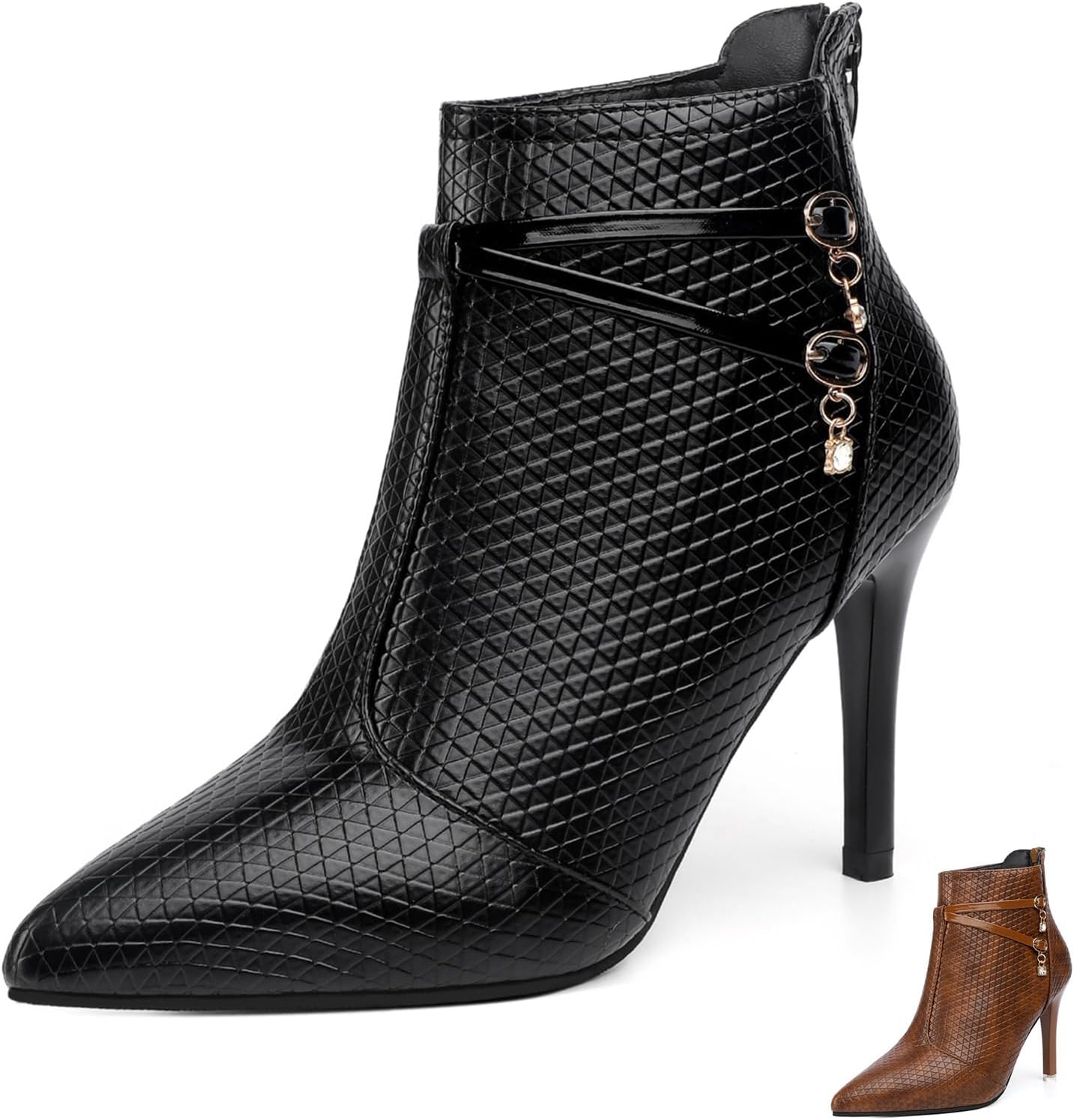 Women's Leather Fall Winter Fashion Stiletto High Heel Ankle Boots Sexy Pointed Toe Comfortable Back Zipper High Heel Dress Short Booties for Daily Office Work Party