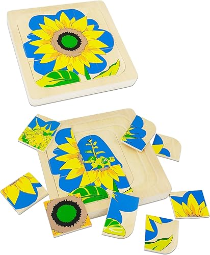 Montessori - Rompecabezas de madera para niños de 4 a 8 años, rompecabezas de ciclo de vida de 4 capas de girasol para niños pequeños, rompecabezas