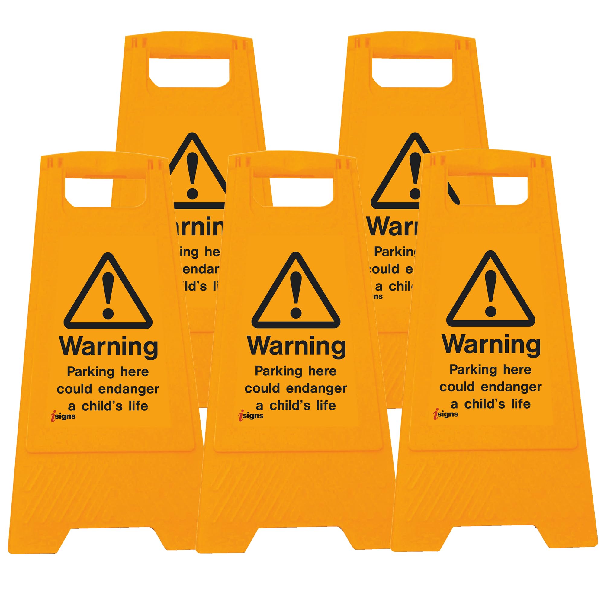iSigns Floor Signs (Warning Parking Here Could Endanger a Child's Life) Free-Standing Danger Sign for Factories, Warehouses and More, A-Frame Site Safety Sign, 300x575mm Caution Sign (Pack of 5)