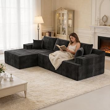105" L-Shaped Cloud Boneless Couch with 2 Cup Holders, Black Oversized Sofa
