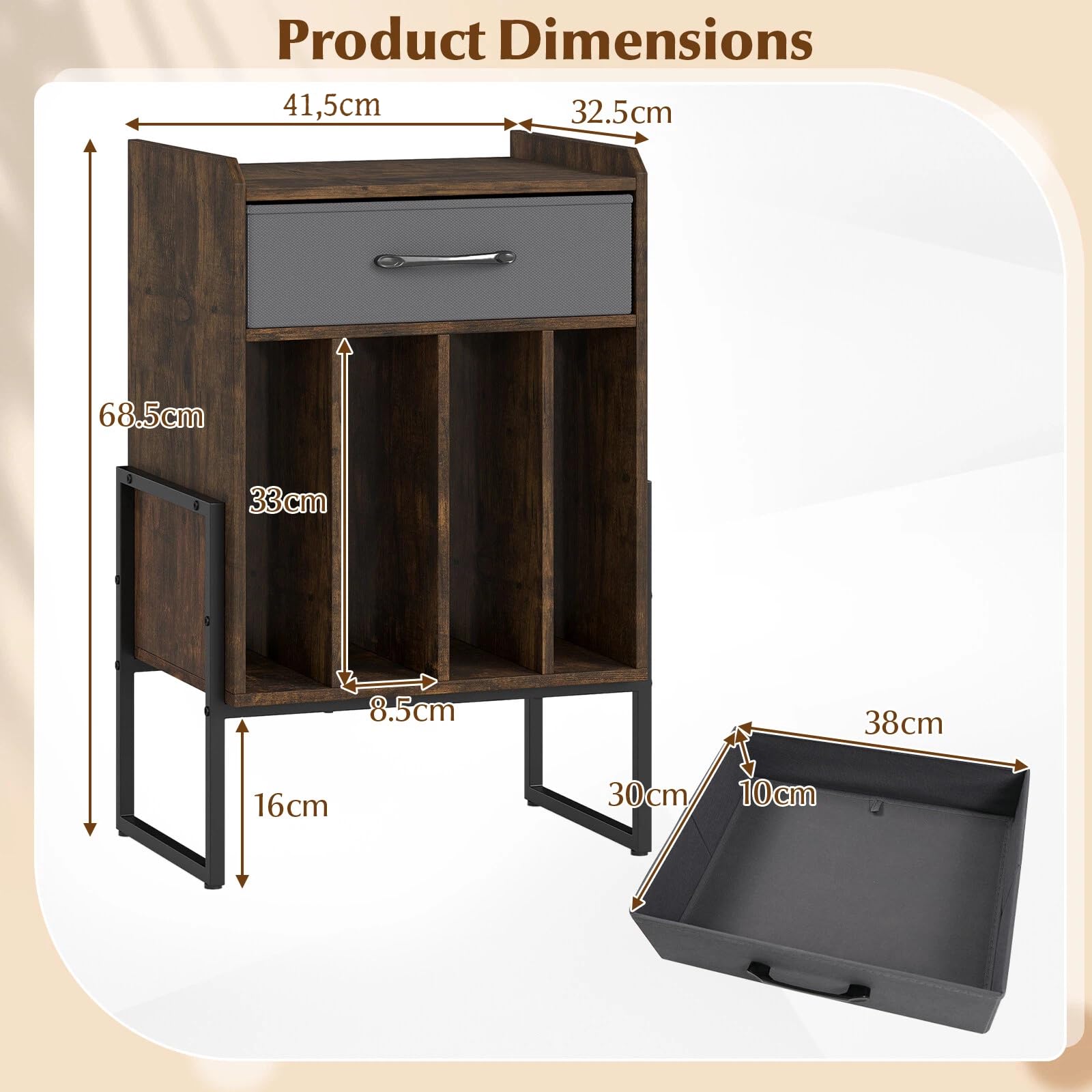 KOMFOTTEU Mobile Porta Giradischi, Supporto per Vinili con Cassetto Pieghevole in Tessuto, 4 Scomparti per fino a 160 Album, Scaffale per Dischi in Legno per Soggiorno, Ufficio, Sala Musicale, Marrone
